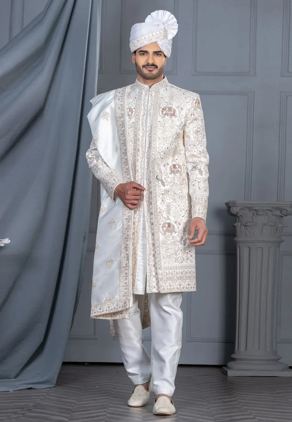White Silk Sherwani 336578