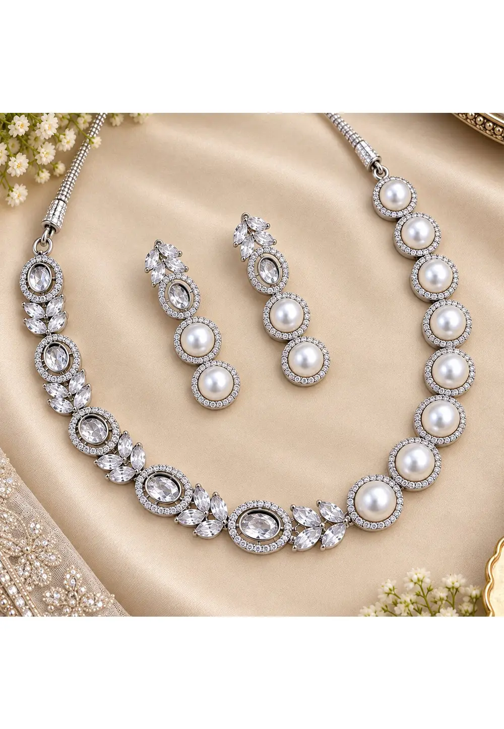 White Stone Necklace With Earrings 335563