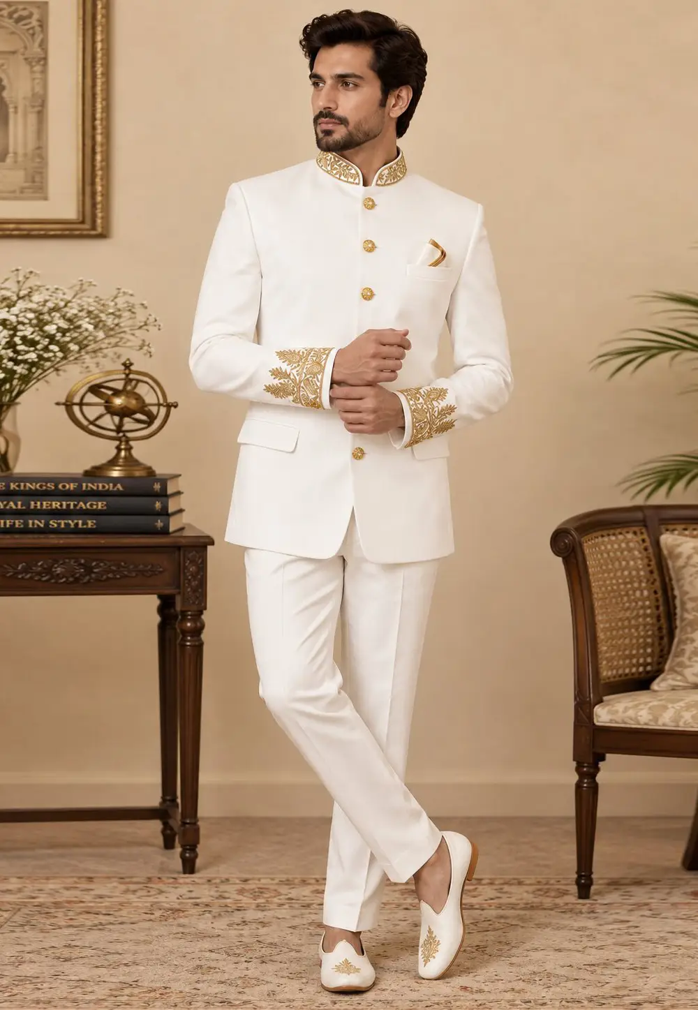 White Suiting Bandhgala Suit 336417