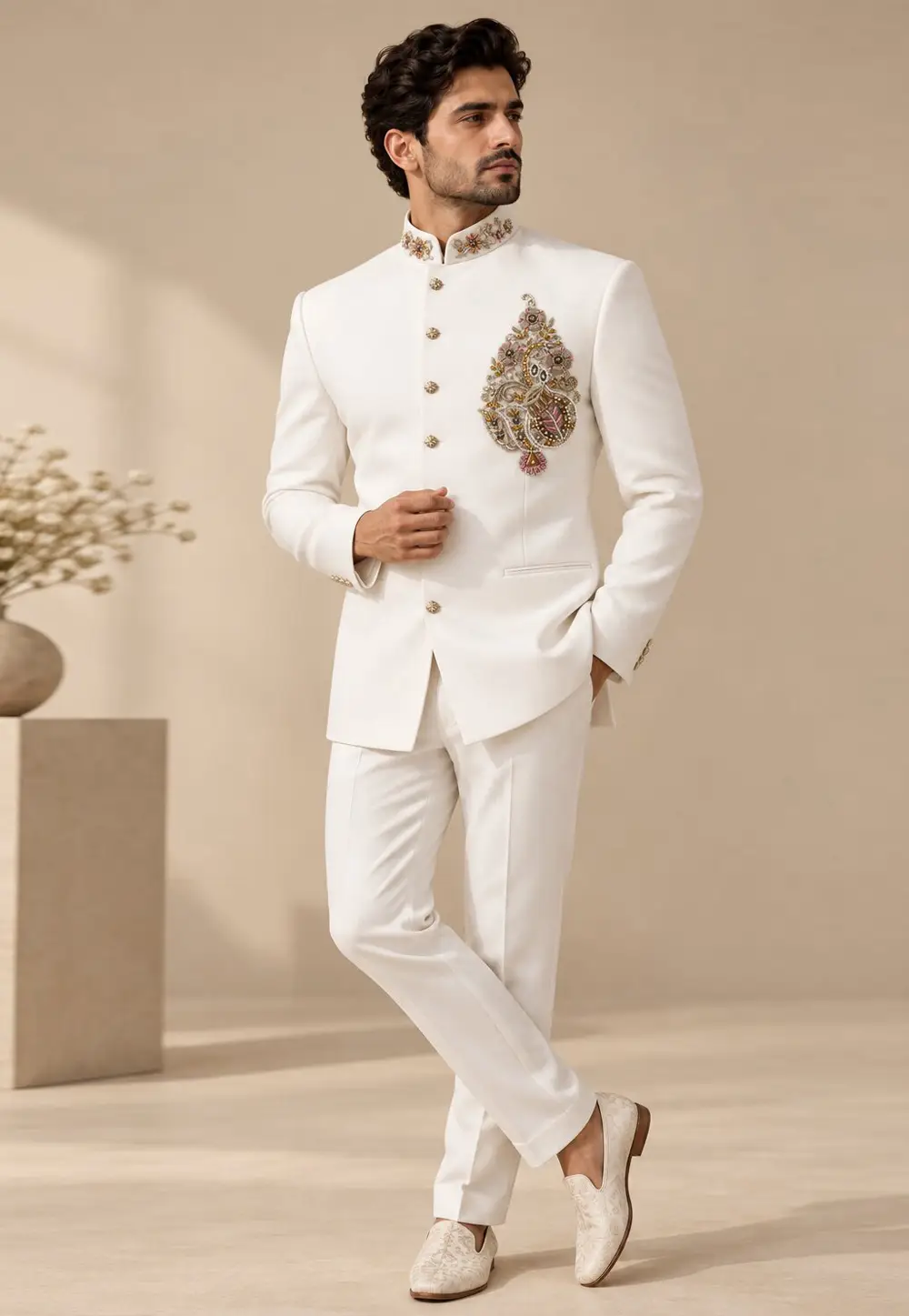 White Suiting Bandhgala Suit 336429