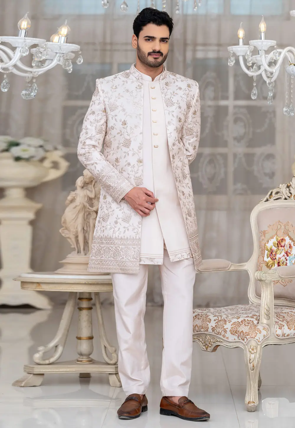 White Tissue Indo Western Suit 336502