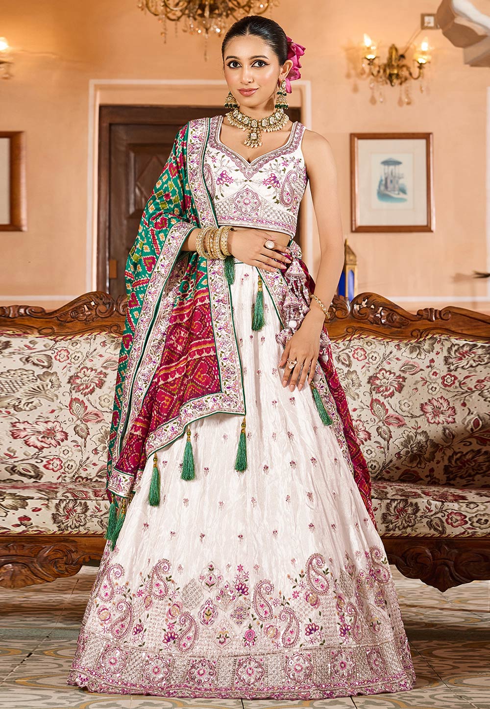 White Tissue Lehenga Choli 319408