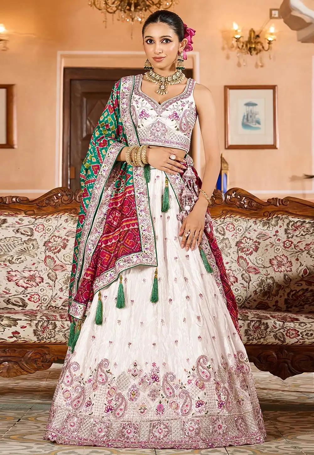 White Tissue Lehenga Choli 319408