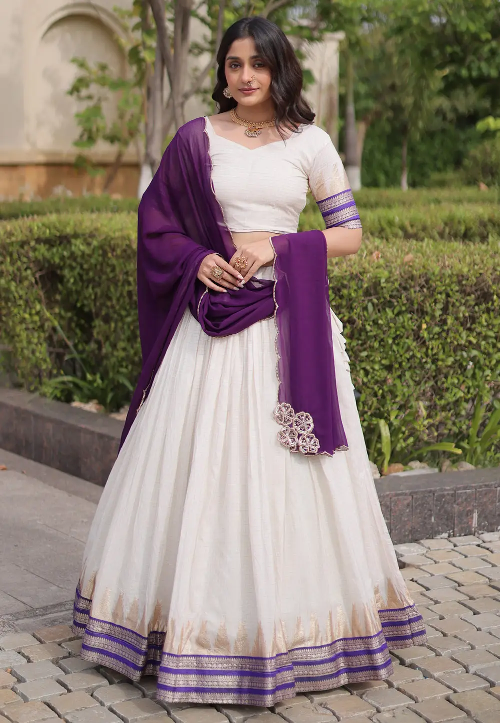 White Viscose Jacquard Circular Lehenga Choli 333076