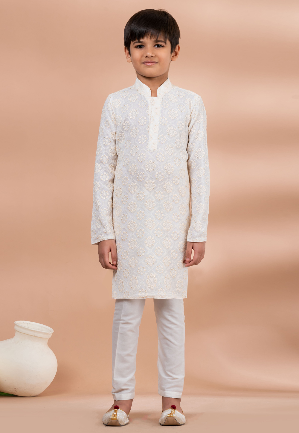 White Viscose Kids Kurta Pajama 284145