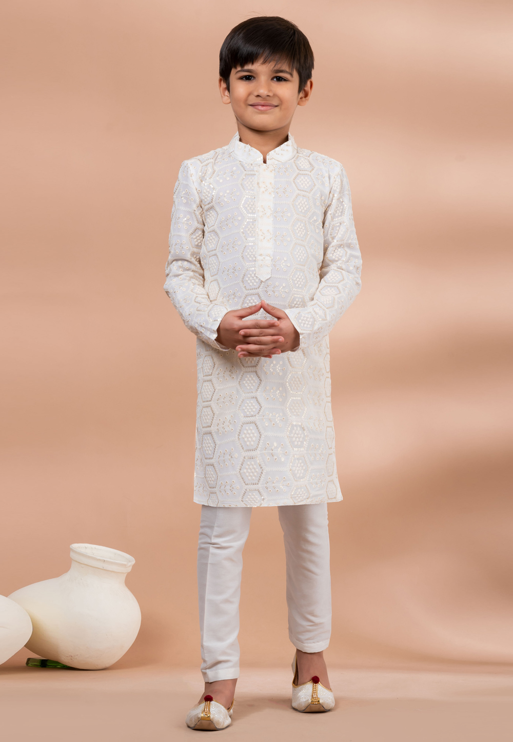 White Viscose Kids Kurta Pajama 284146