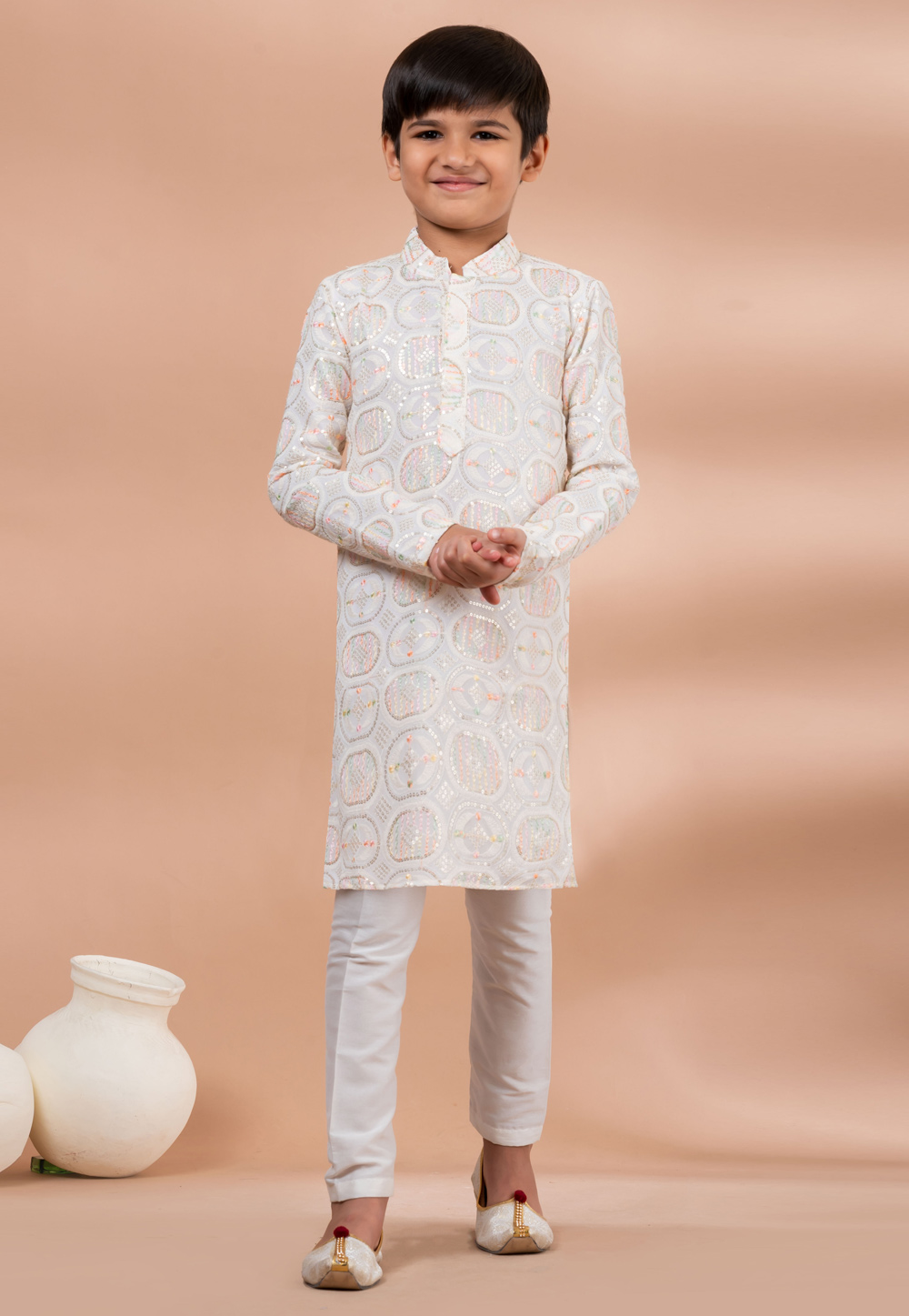 White Viscose Kids Kurta Pajama 284149