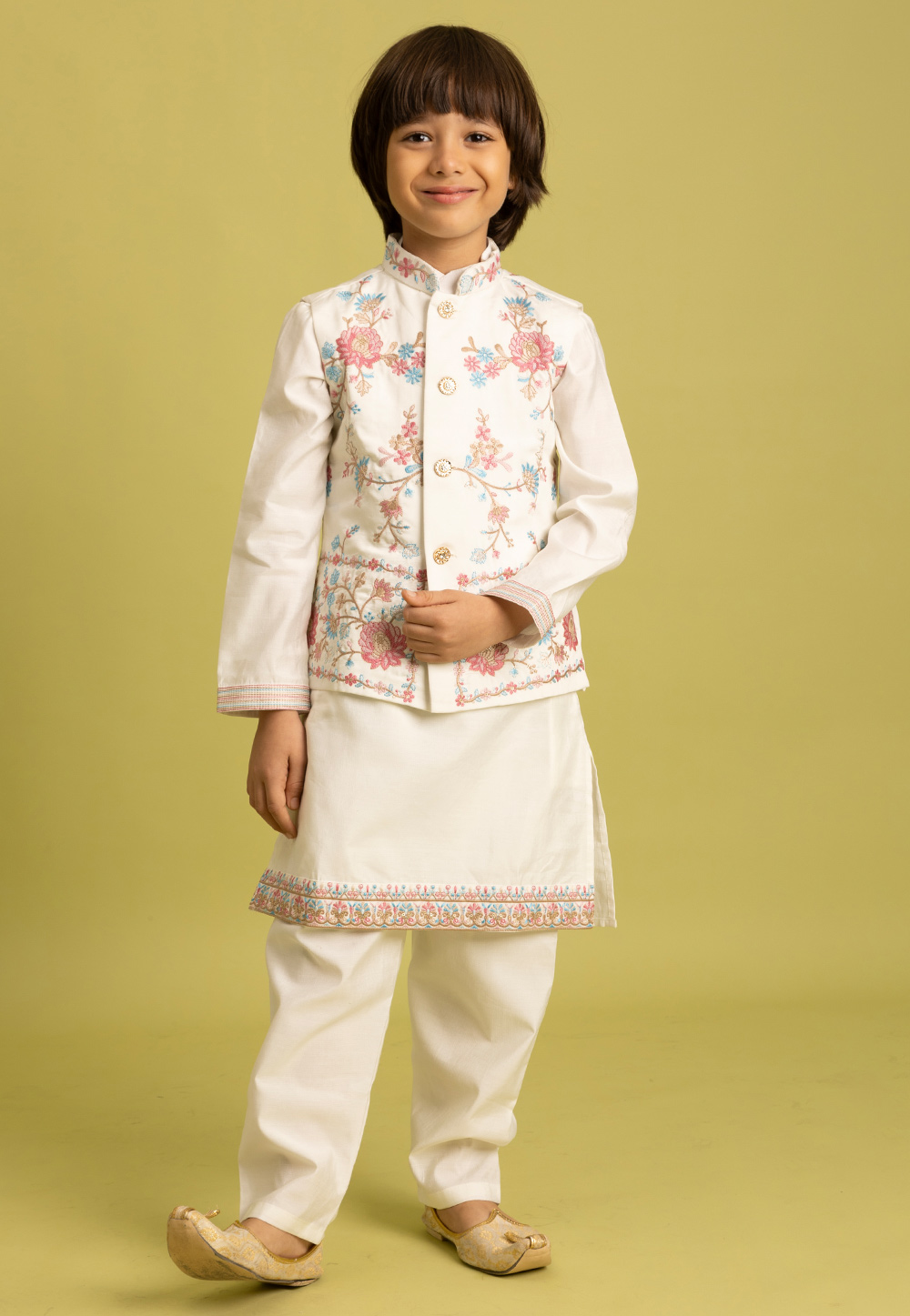 White Viscose Kids Kurta Pajama With Jacket 318775