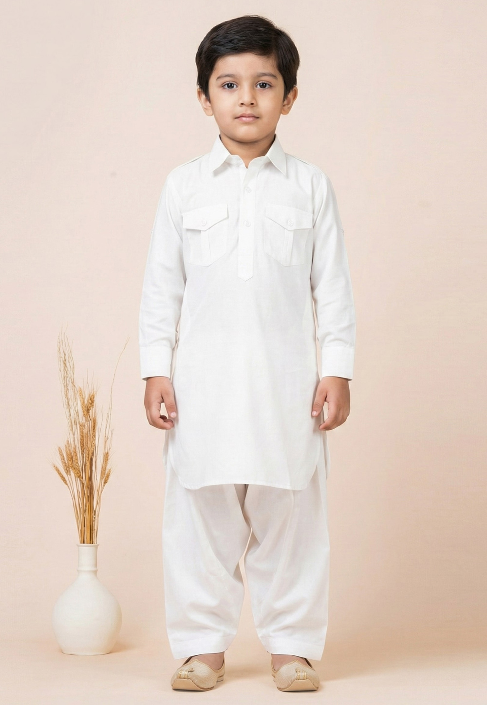White Viscose Kids Pathani Suit 322085