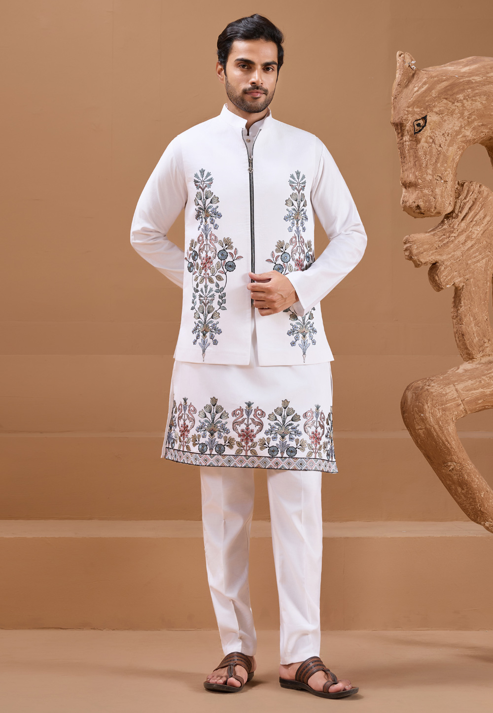 White Viscose Kurta Pajama With Jacket 319274