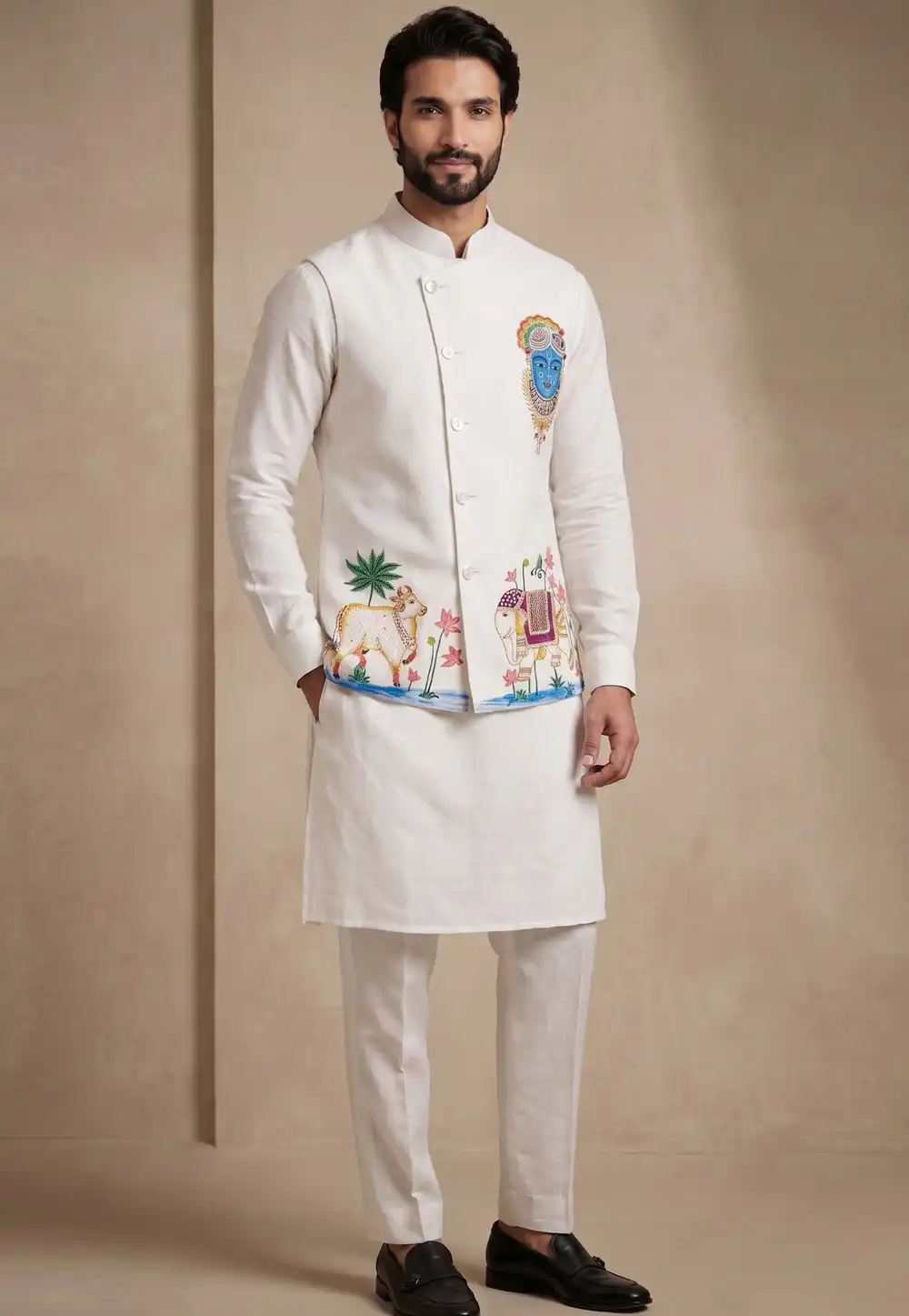 White Viscose Kurta Pajama With Jacket 329336