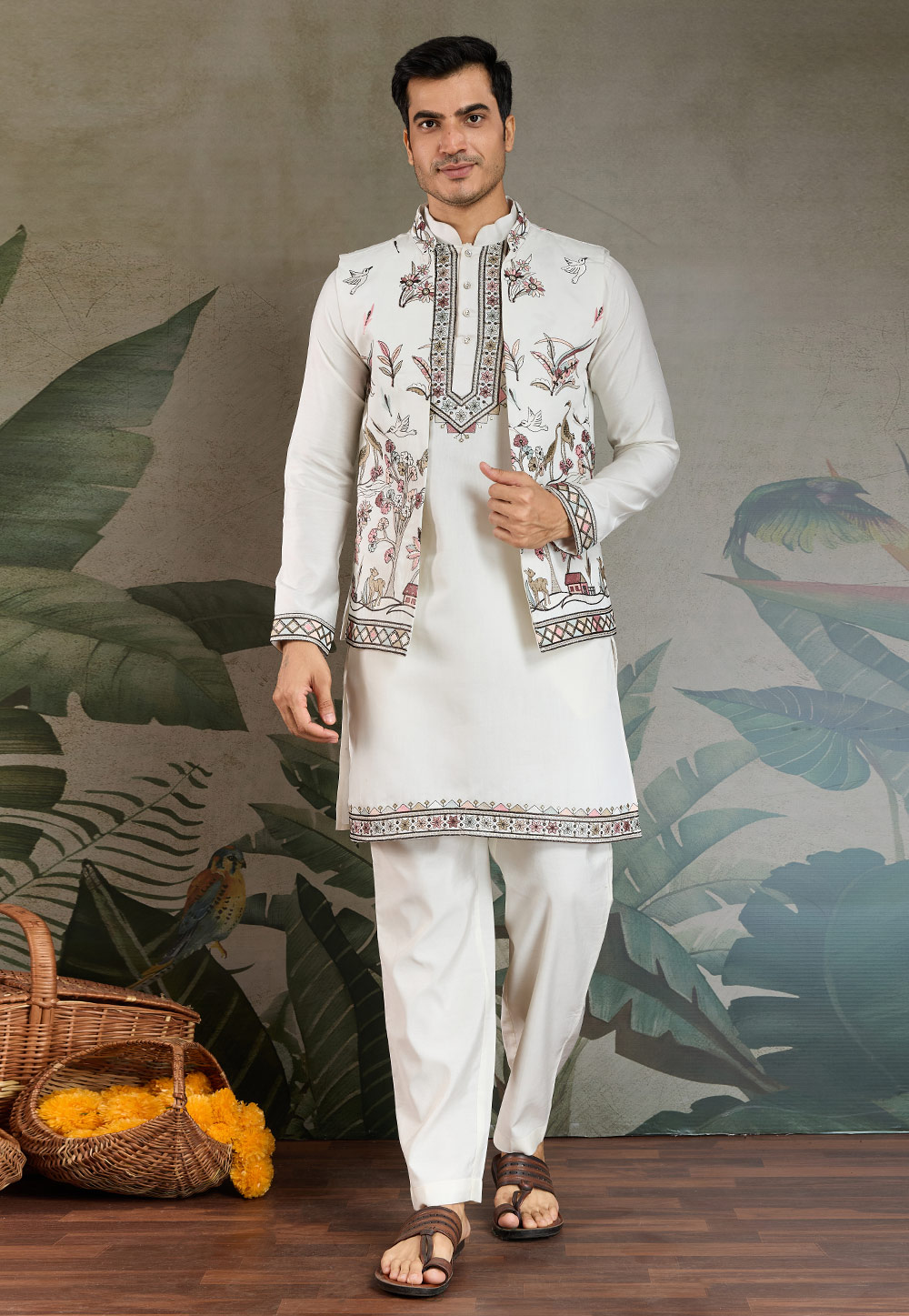 White Viscose Kurta Pajama With Jacket 311867