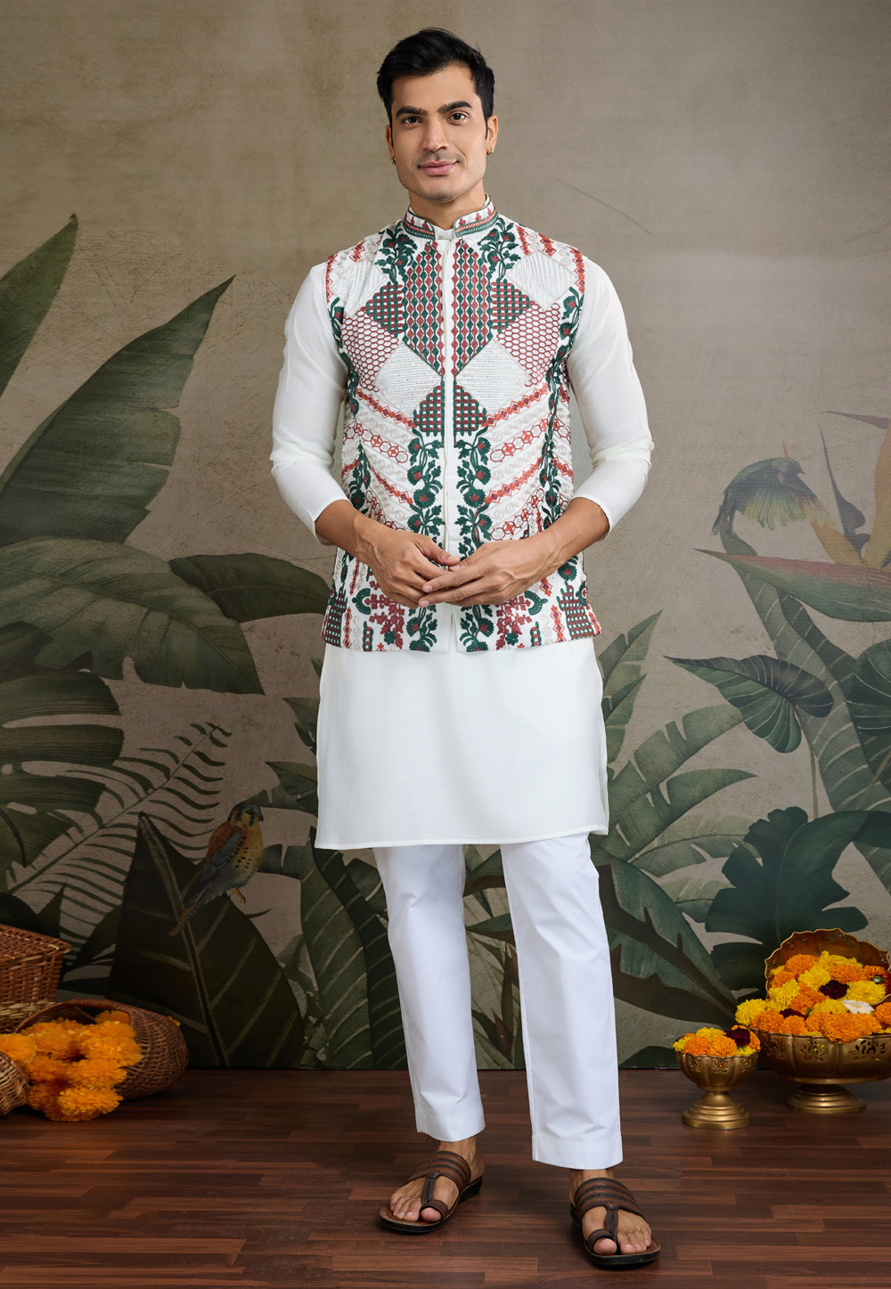 White Viscose Kurta Pajama With Jacket 311687