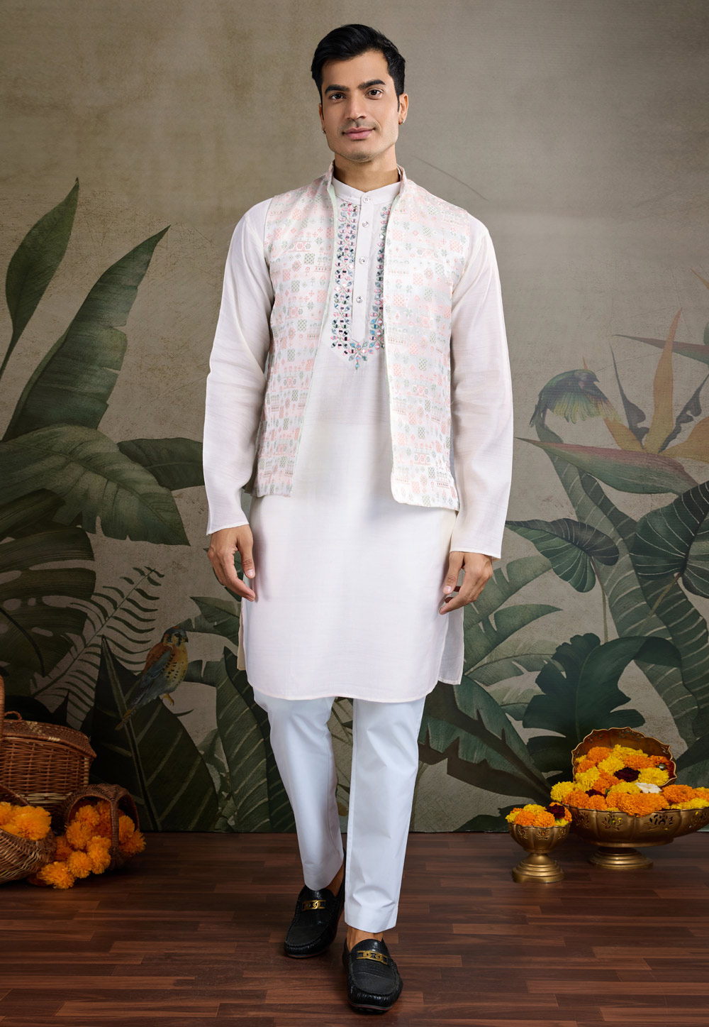 White Viscose Kurta Pajama With Jacket 311442