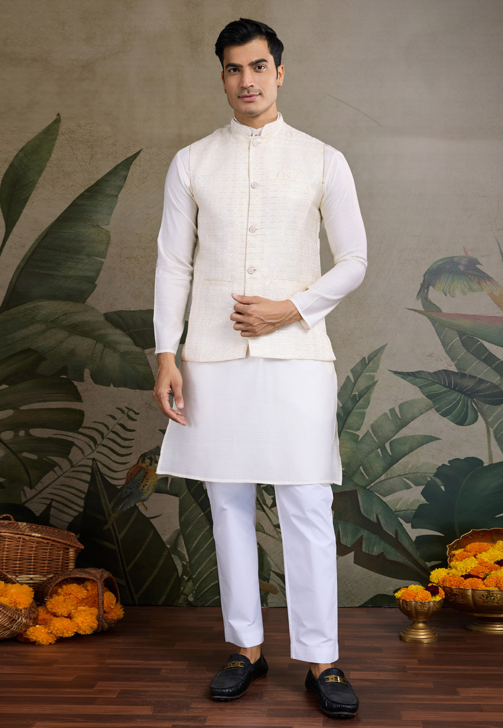 White Viscose Kurta Pajama With Jacket 311692