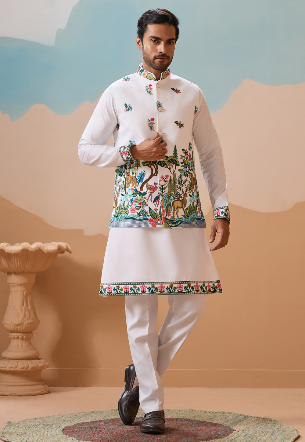 White Viscose Kurta Pajama With Jacket 320858