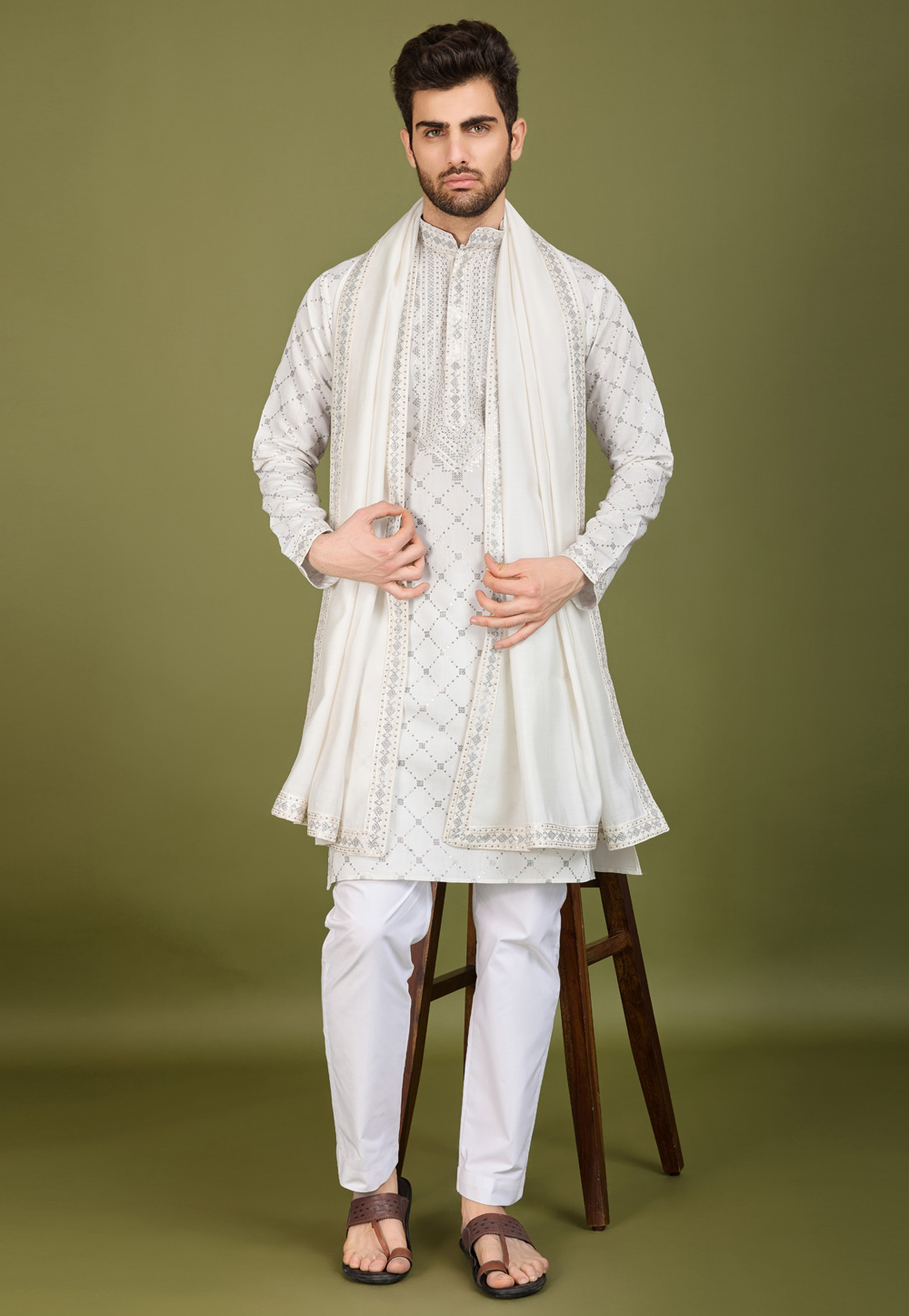 White Viscose Kurta Pajama With Stole 311551