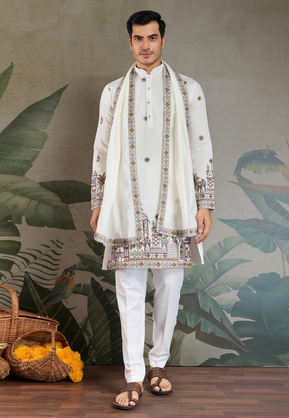 White Viscose Kurta Pajama With Stole 311426