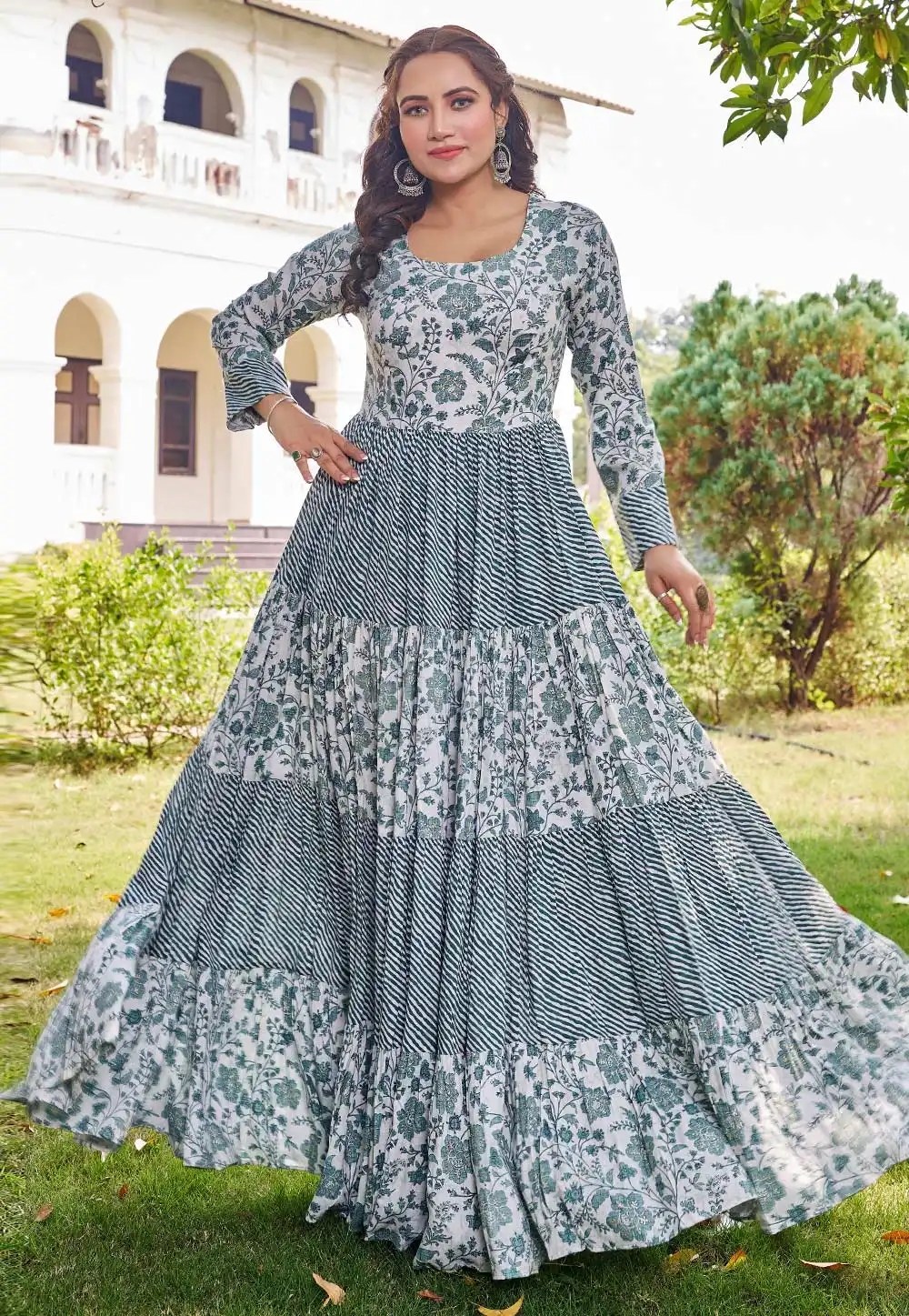 White Viscose Rayon Printed Gown 330573