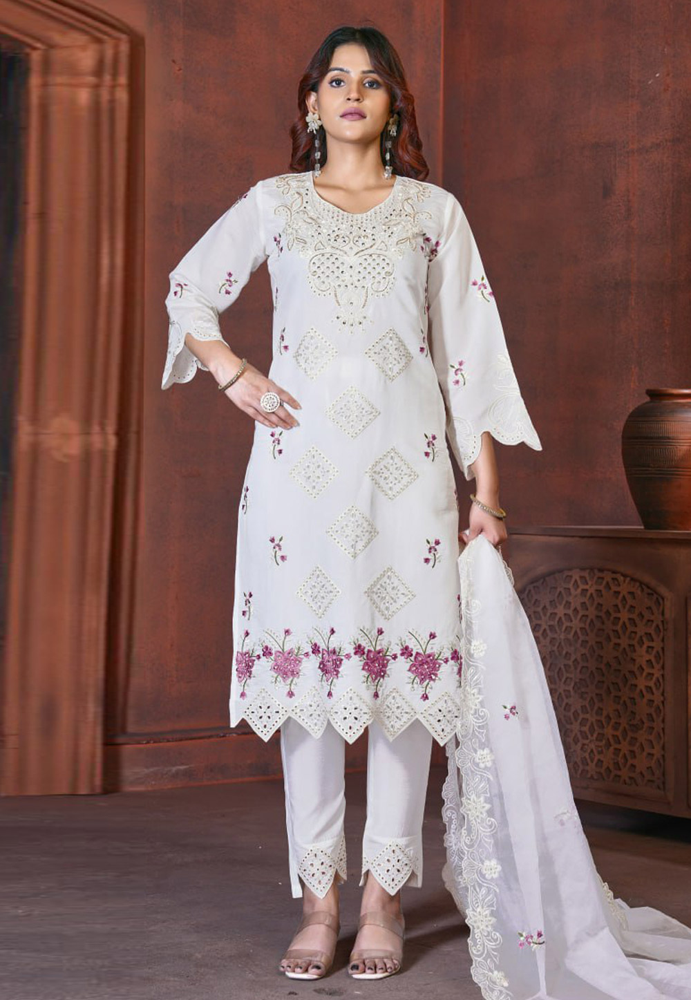 White Viscose Readymade Pakistani Suit - Indian Cloth Store