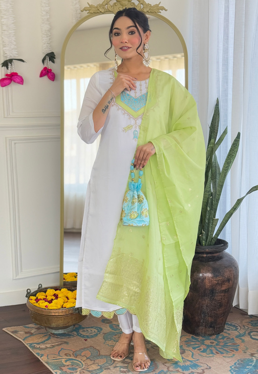 White Viscose Readymade Pakistani Suit 308789