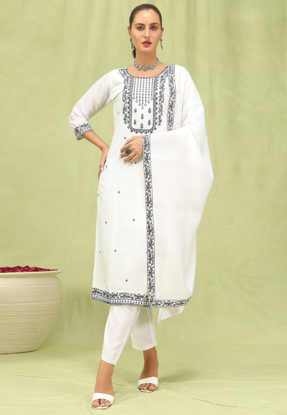 White Viscose Readymade Pakistani Suit 329953