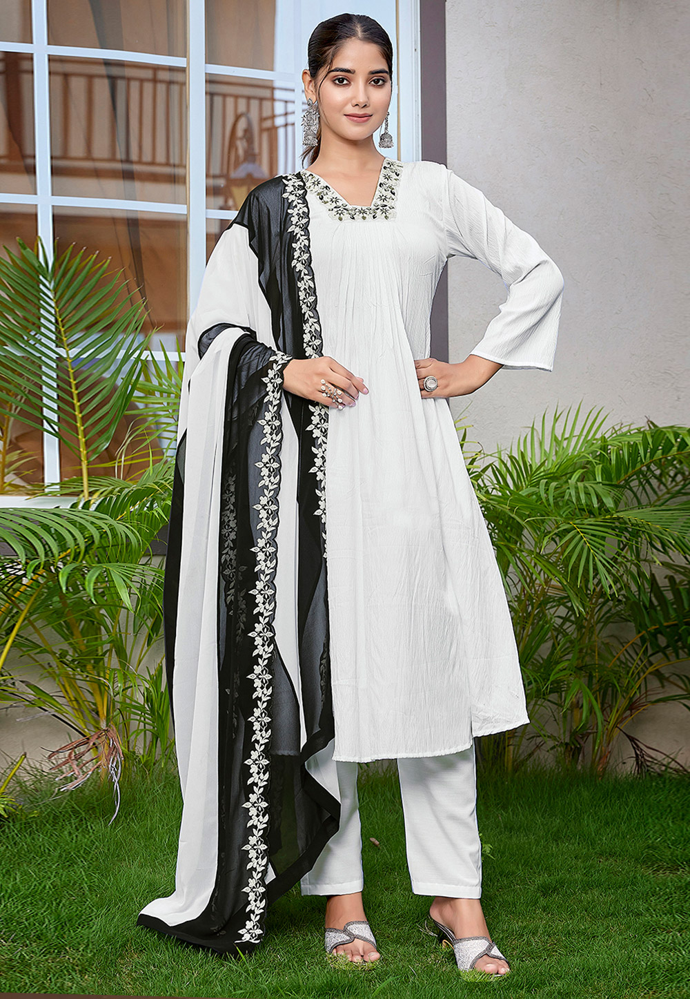 White Viscose Readymade Pant Style Suit 308399