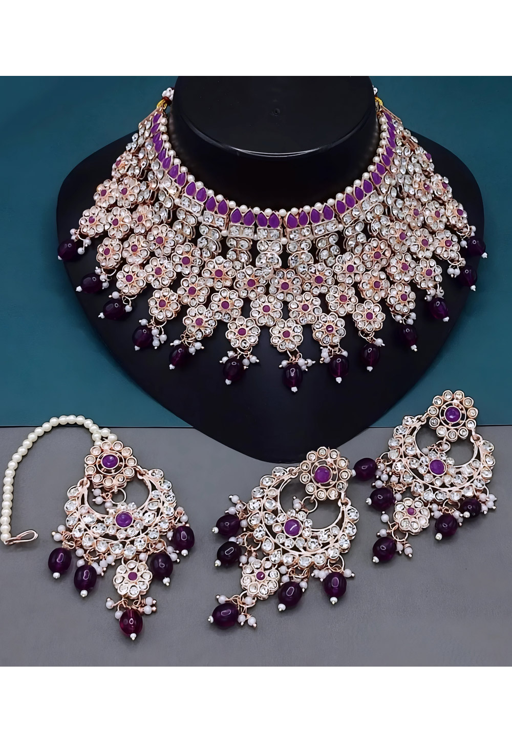 Wine Alloy Necklace Set With Earrings and Maang Tikka 328421