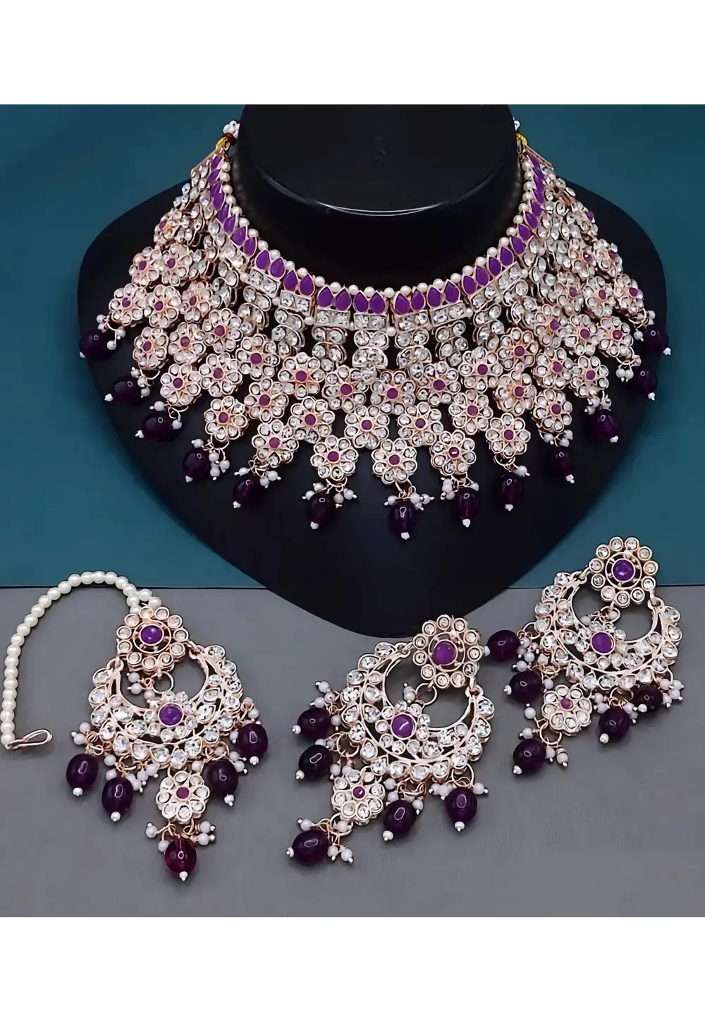 Wine Alloy Necklace Set With Earrings and Maang Tikka 328421