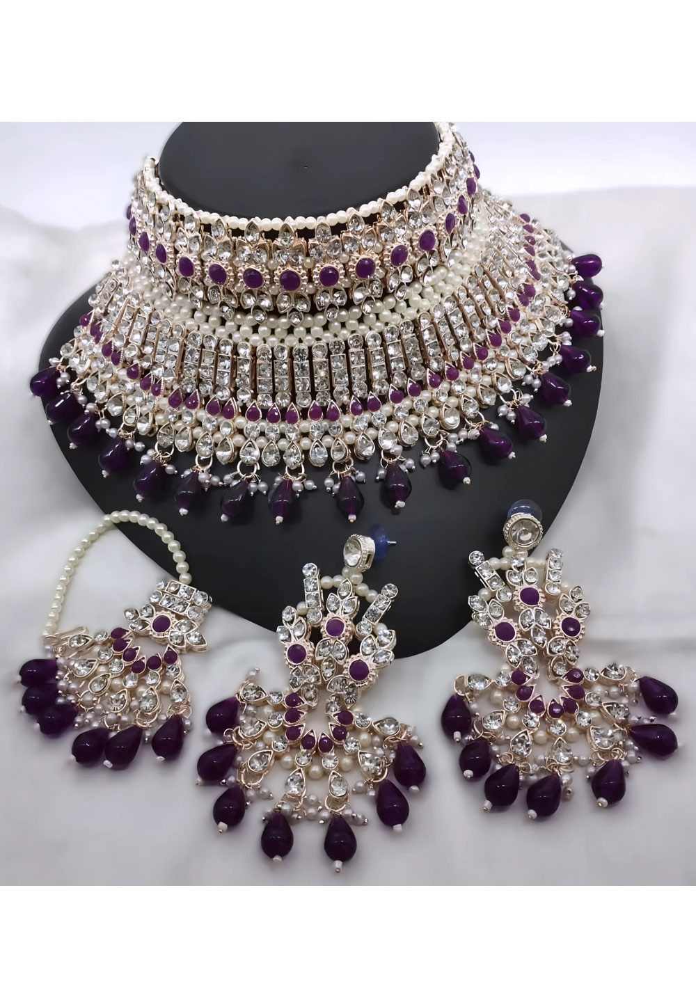 Wine Alloy Necklace Set With Earrings and Maang Tikka 328427