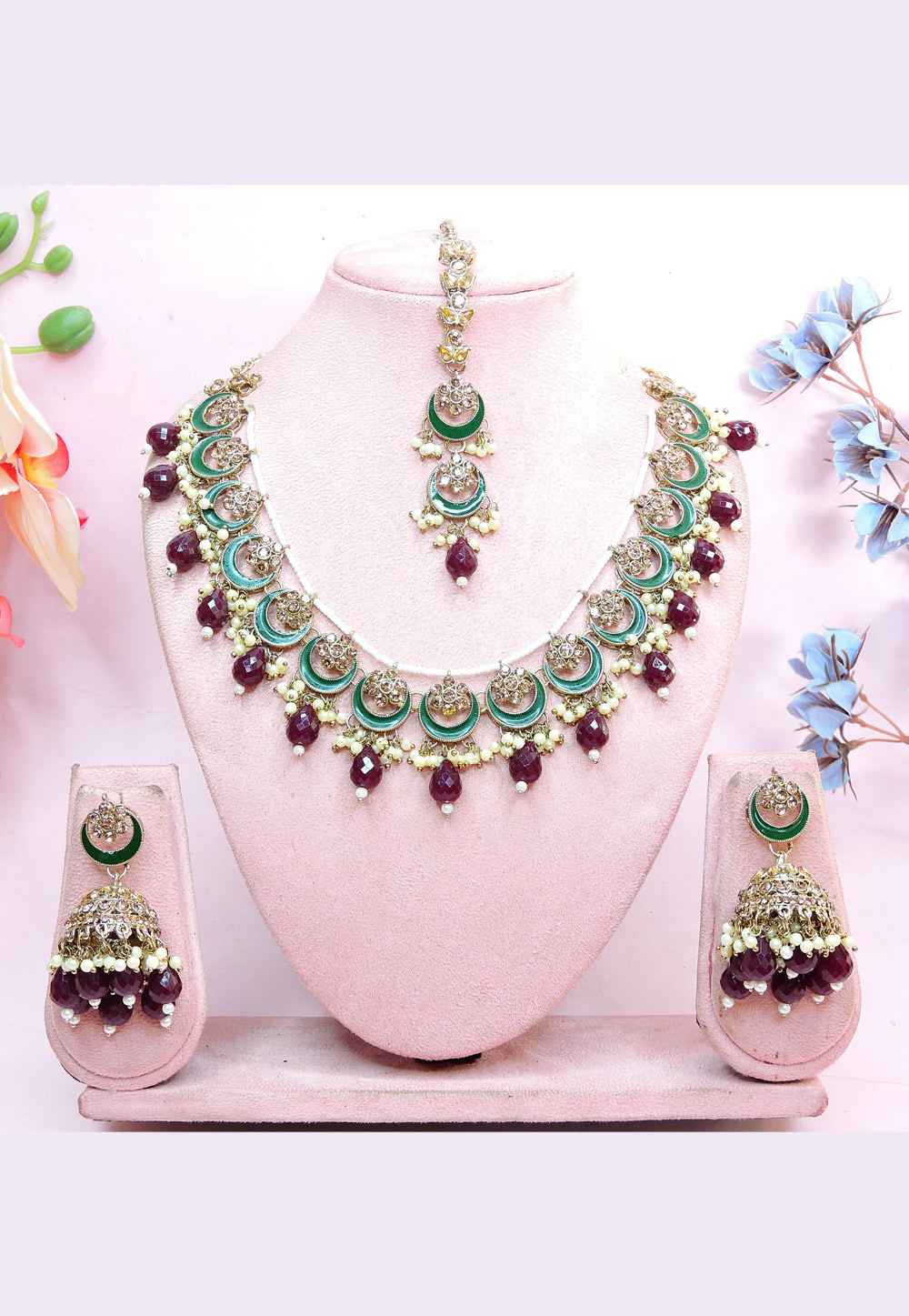 Wine Alloy Necklace Set With Earrings and Maang Tikka 312368