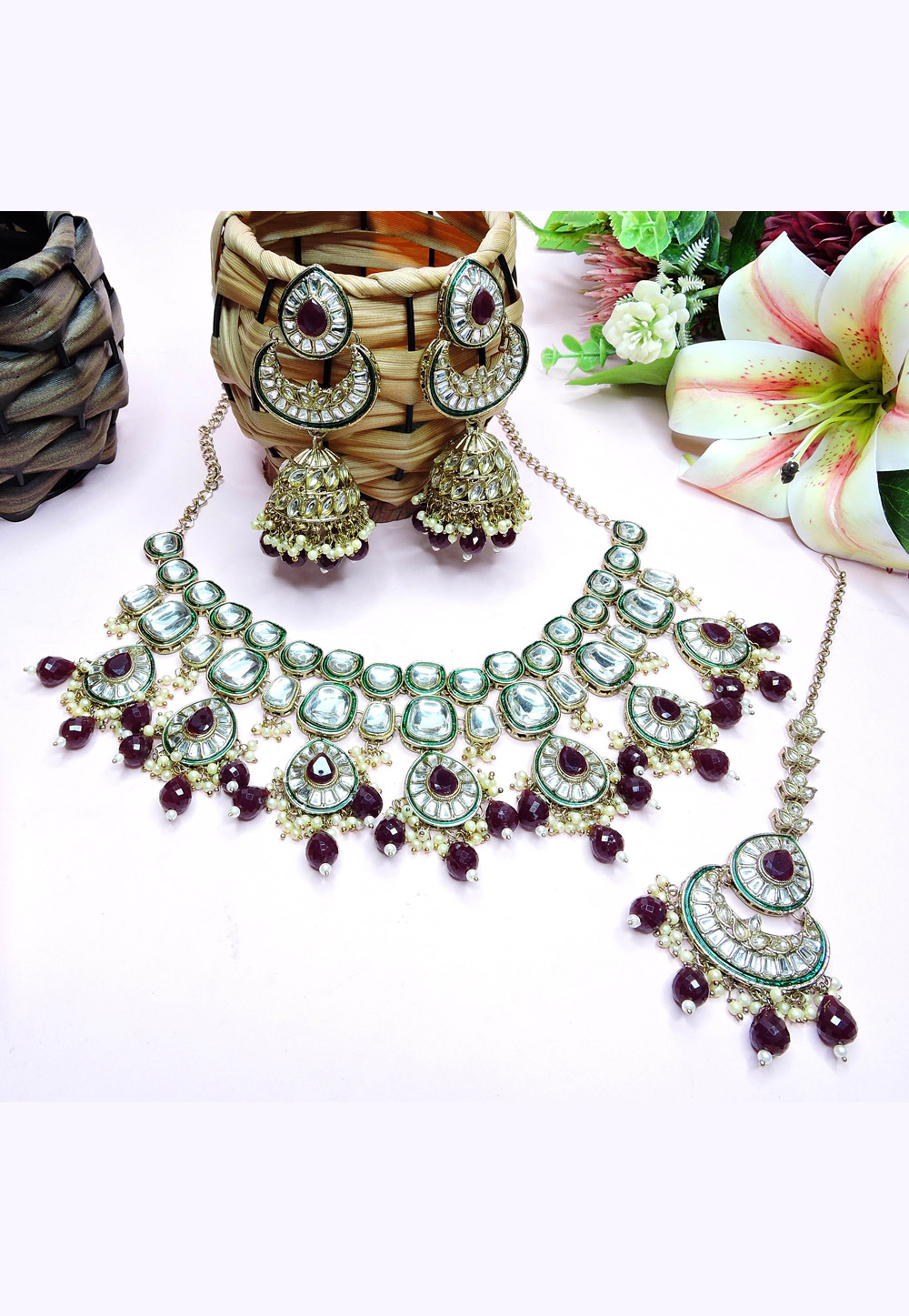 Wine Alloy Necklace Set With Earrings and Maang Tikka 312381