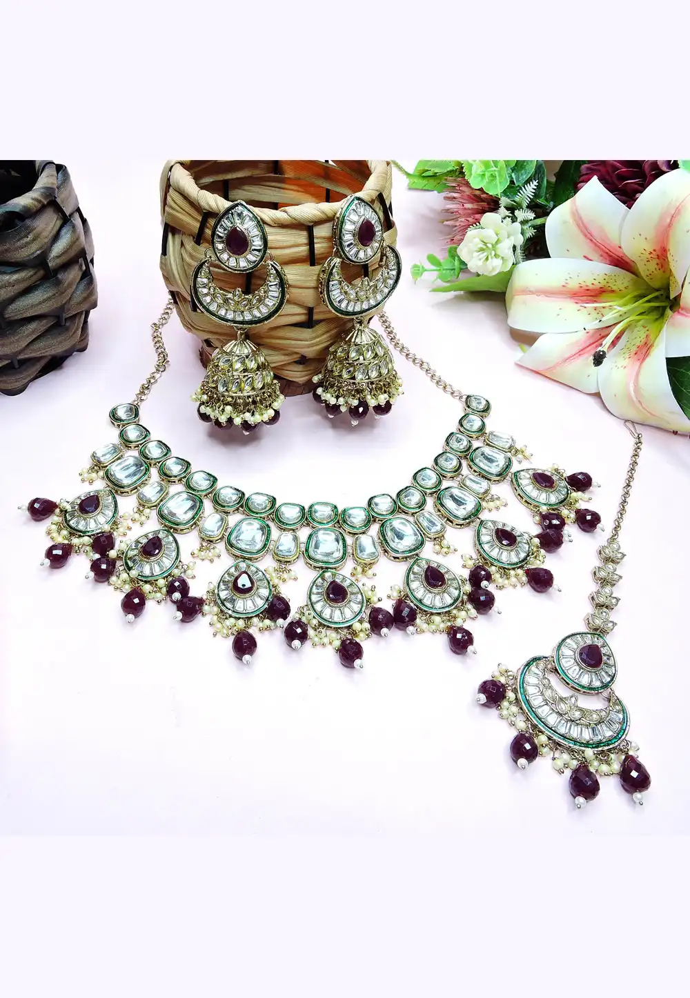 Wine Alloy Necklace Set With Earrings and Maang Tikka 312381
