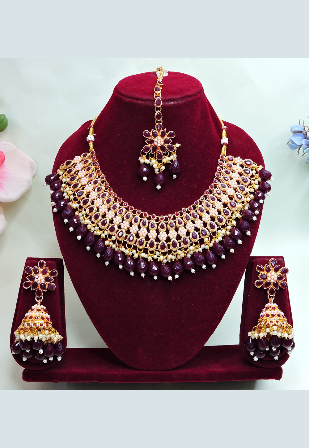 Wine Alloy Necklace Set With Earrings and Maang Tikka 312424