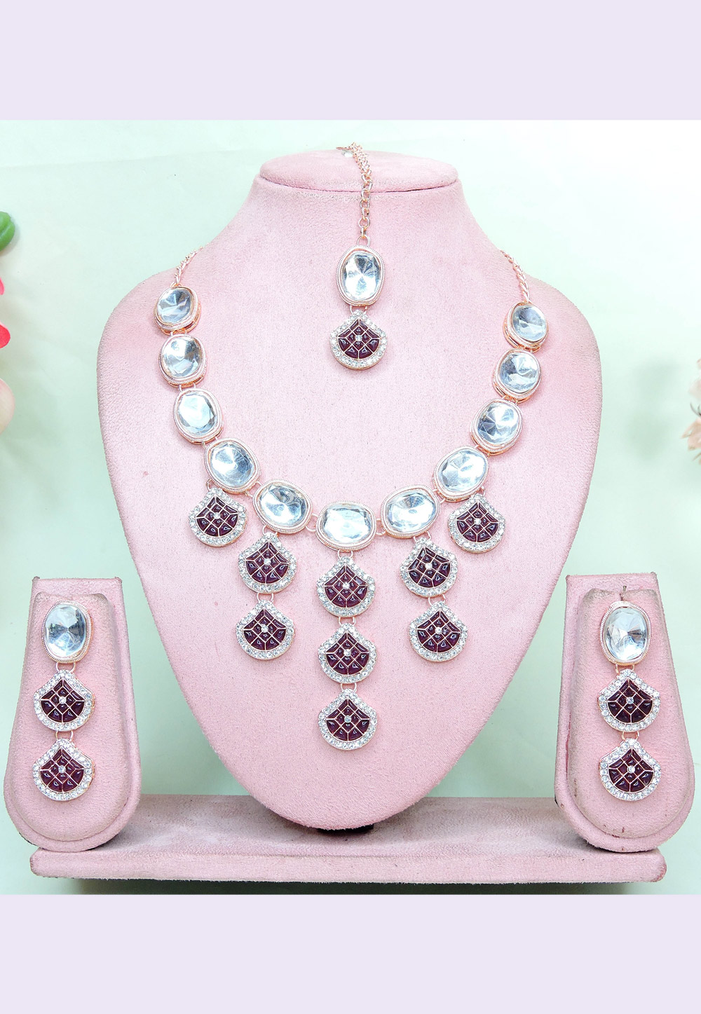 Wine Alloy Necklace Set With Earrings and Maang Tikka 312439