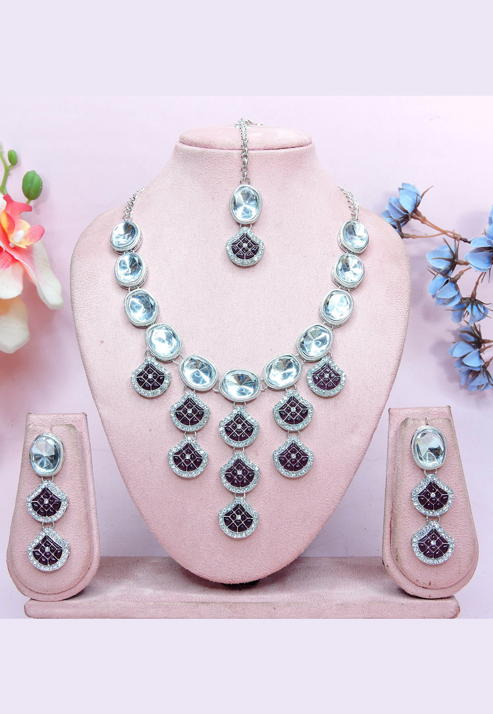 Wine Alloy Necklace Set With Earrings and Maang Tikka 312445