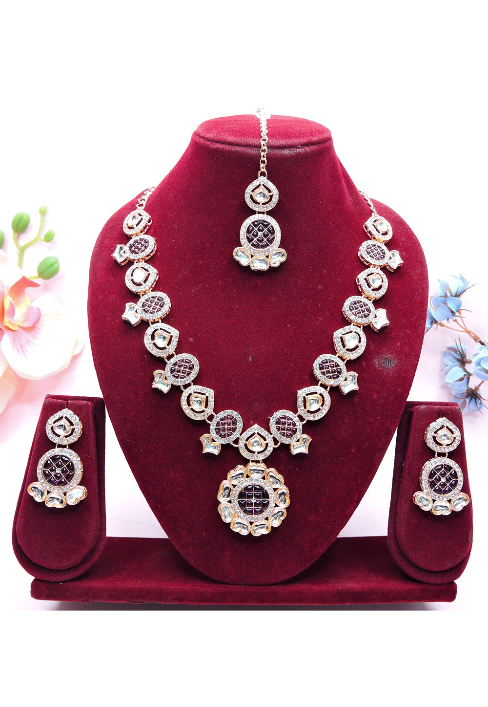 Wine Alloy Necklace Set With Earrings and Maang Tikka 312754