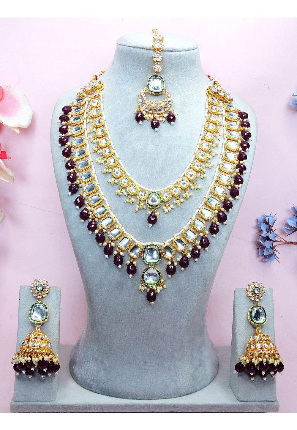 Wine Alloy Necklace Set With Earrings and Maang Tikka 312773