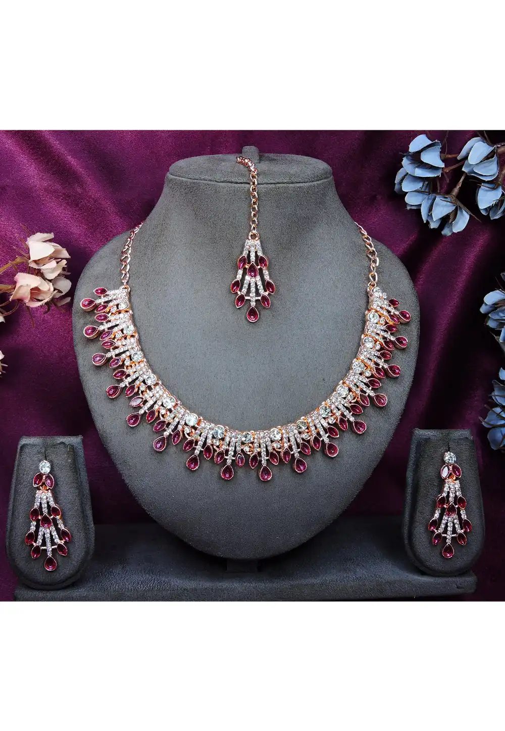 Wine Alloy Necklace Set With Earrings and Maang Tikka 328437