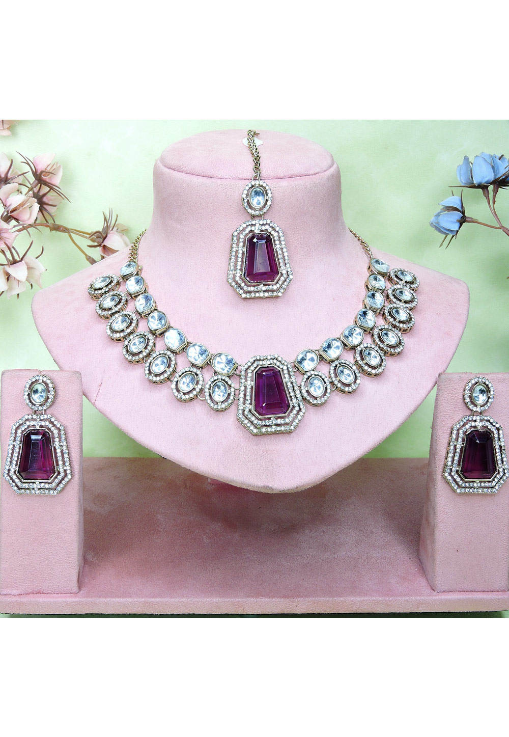 Wine Alloy Necklace Set With Earrings and Maang Tikka 329842