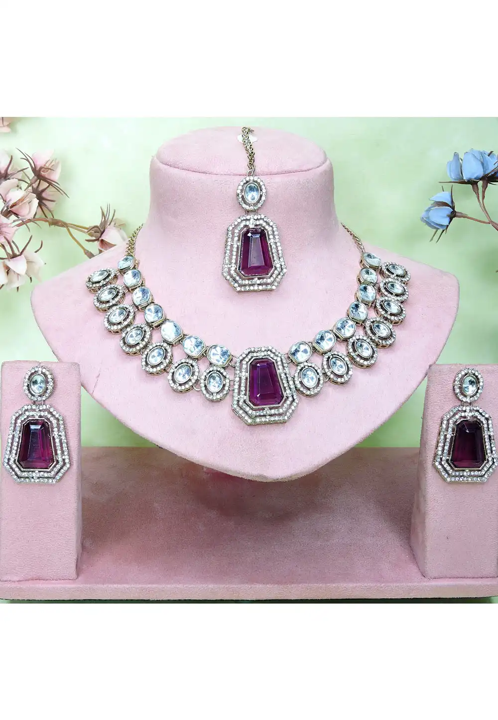 Wine Alloy Necklace Set With Earrings and Maang Tikka 329842