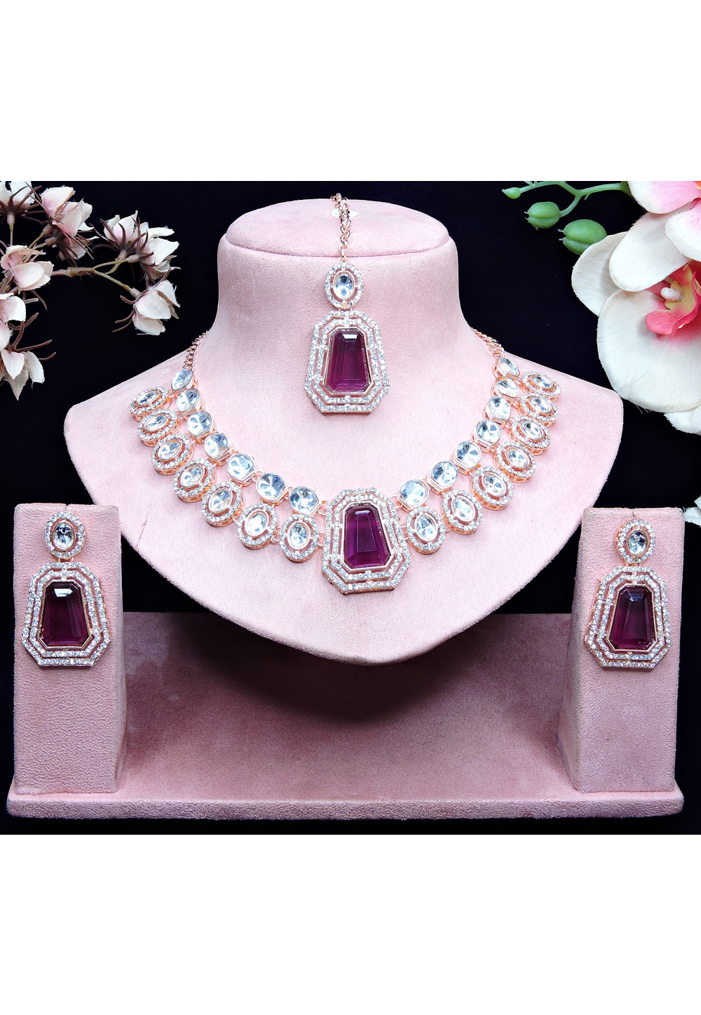 Wine Alloy Necklace Set With Earrings and Maang Tikka 329850