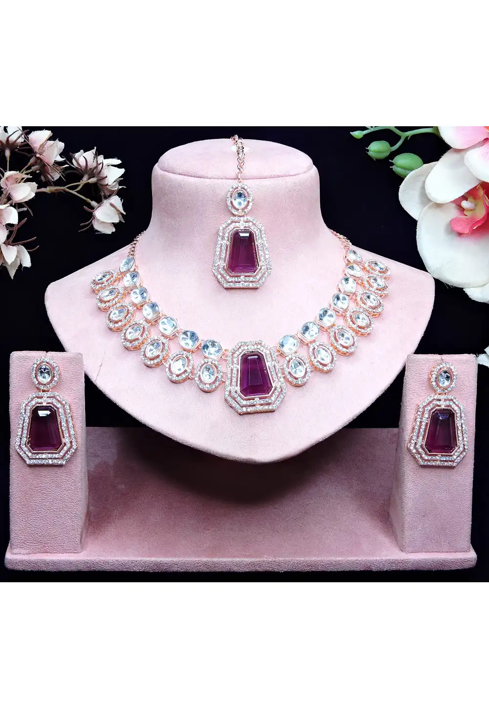 Wine Alloy Necklace Set With Earrings and Maang Tikka 329850
