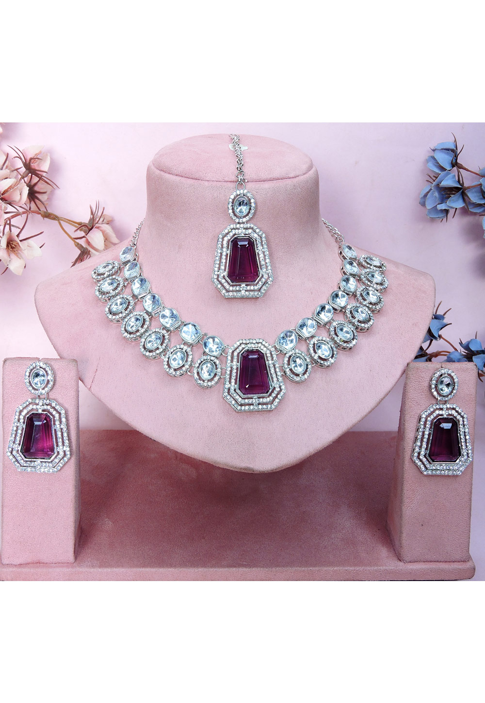 Wine Alloy Necklace Set With Earrings and Maang Tikka 329858