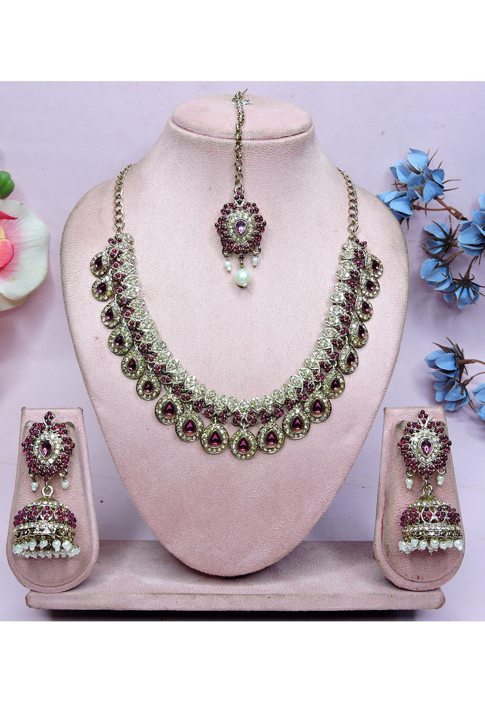 Wine Alloy Necklace Set With Earrings and Maang Tikka 330230