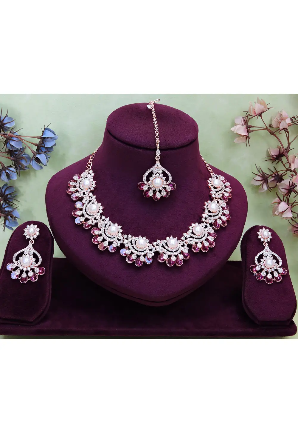 Wine Alloy Necklace Set With Earrings and Maang Tikka 332162