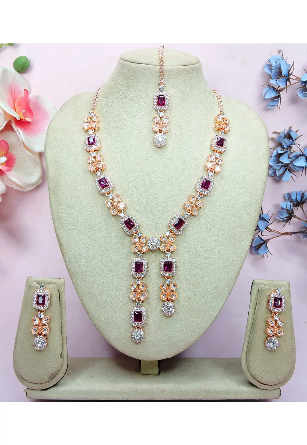 Wine Alloy Necklace Set With Earrings and Maang Tikka 336154