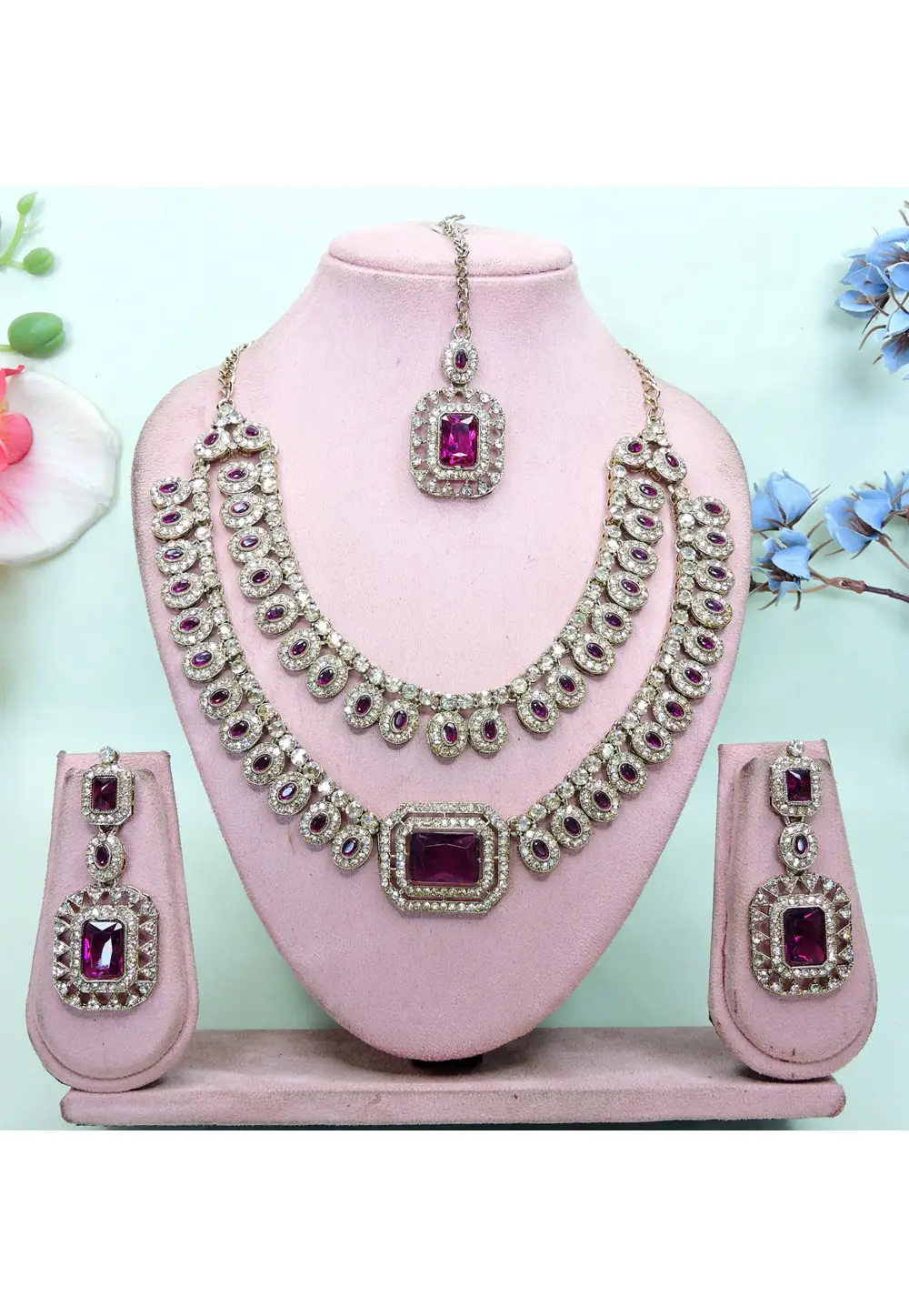 Wine Alloy Necklace Set With Earrings and Maang Tikka 336847