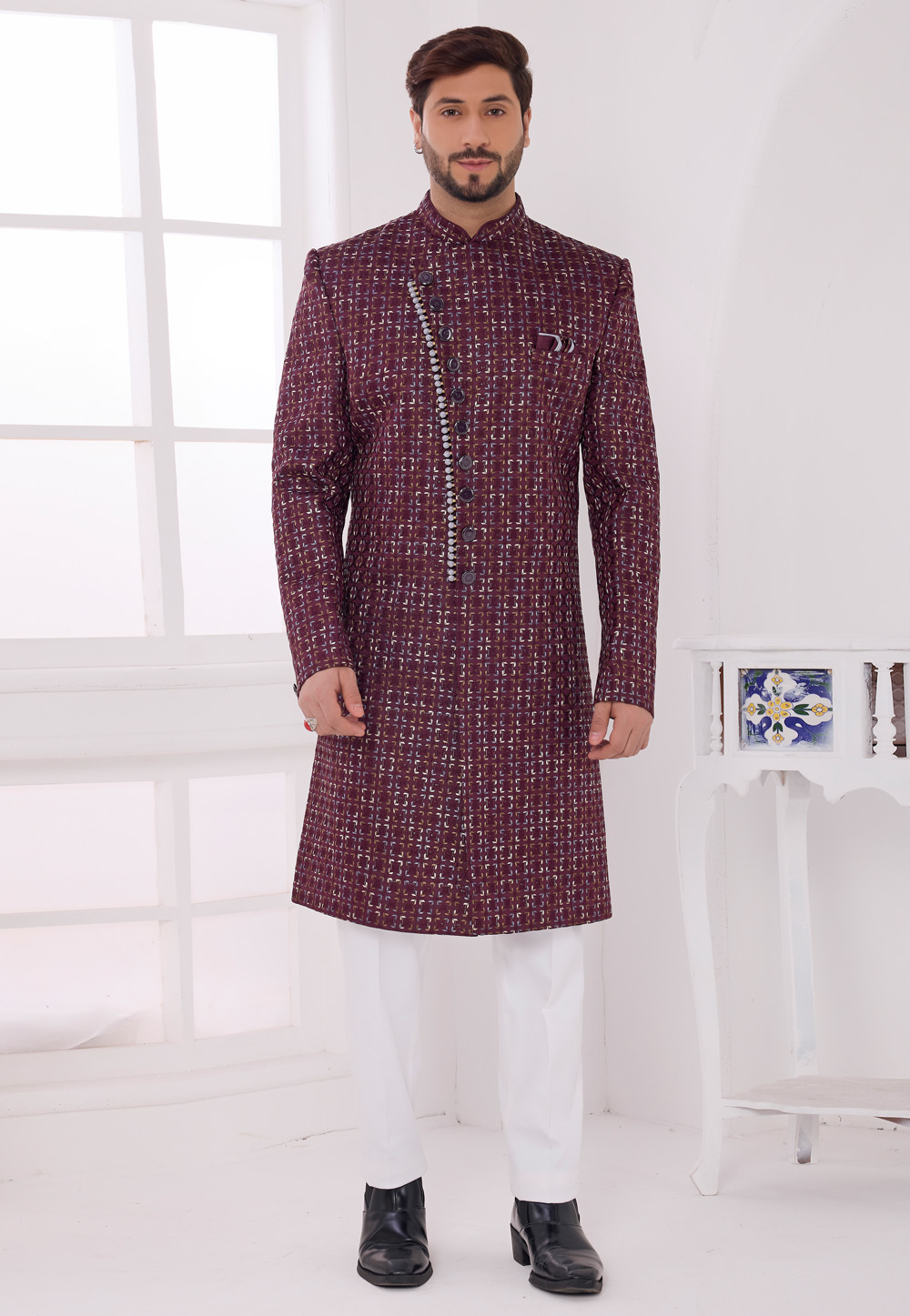 Wine Art Silk Achkan Style Sherwani 327064