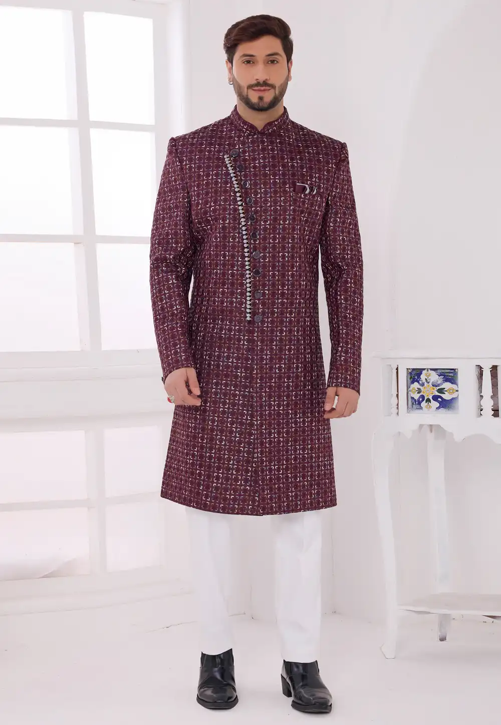 Wine Art Silk Achkan Style Sherwani 327064